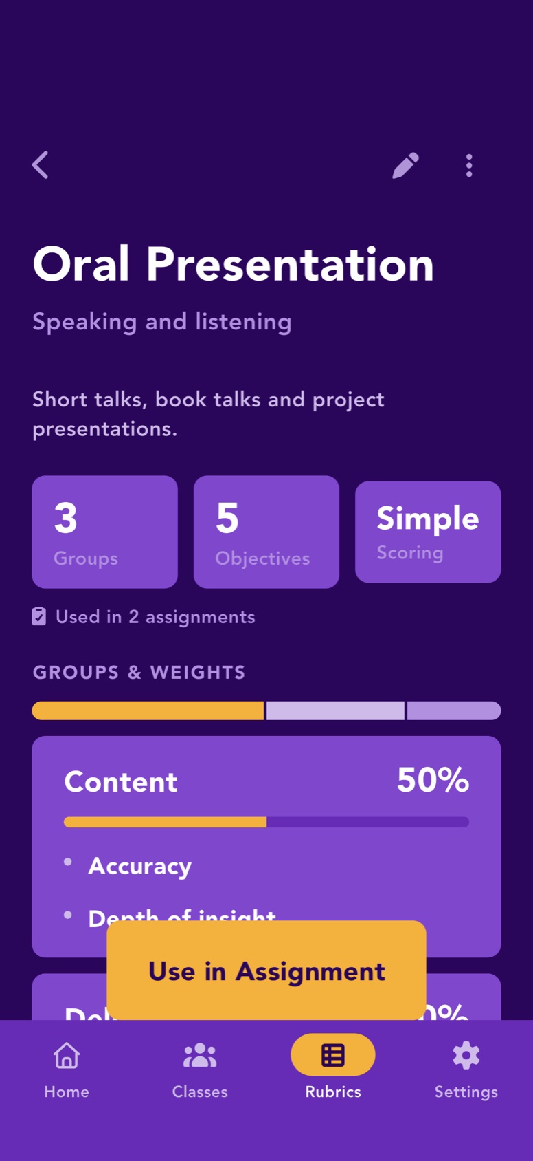 A rubric with its groups and weights: Content 50%, with objectives under each group