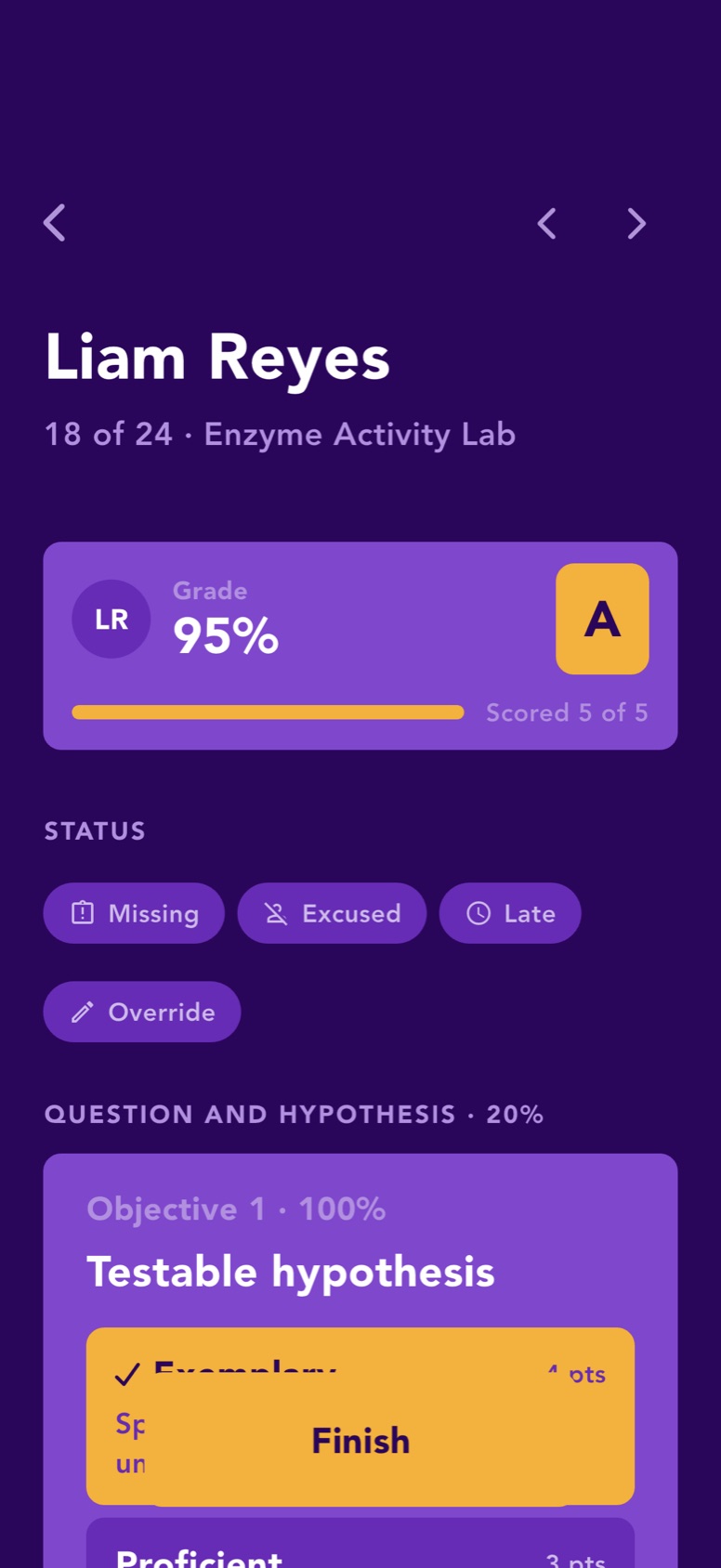 Grading a student: tap a level for each objective and watch the grade update